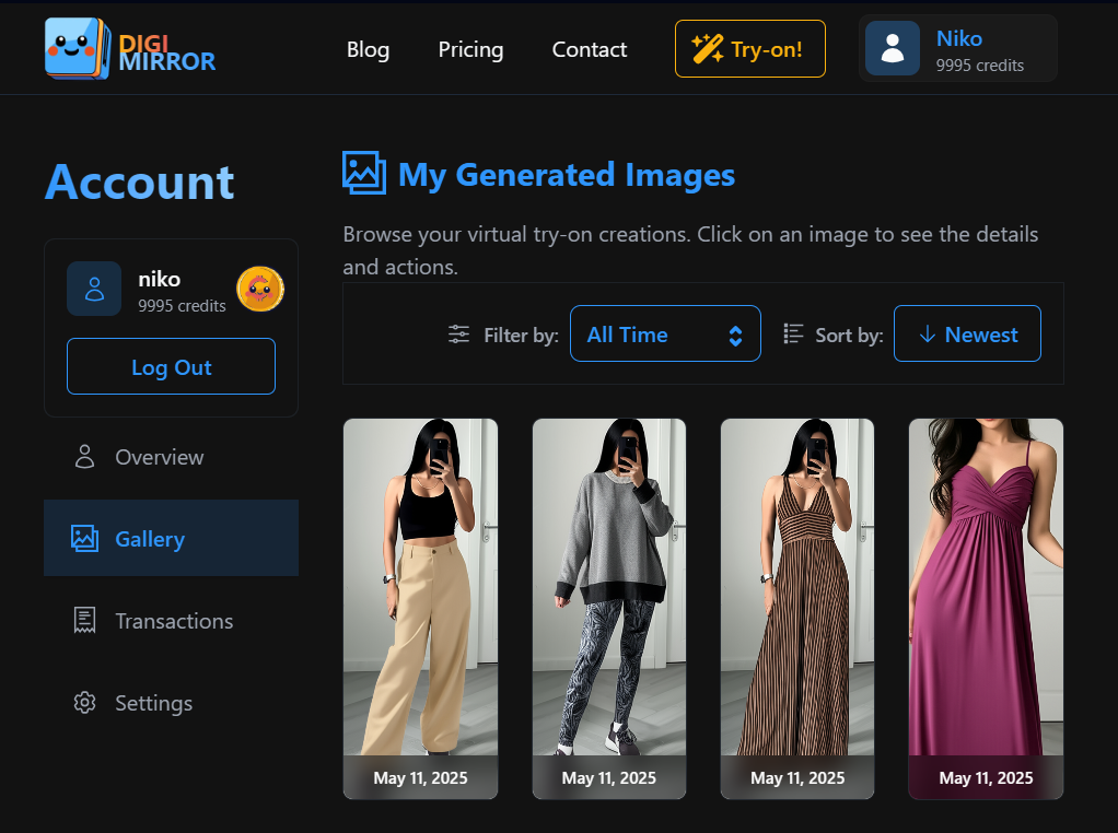 Showcasing the Digimirror web interface with various outfits being tried on a user's photo.